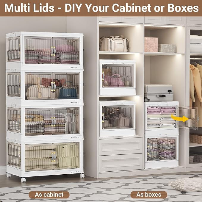 BROVIEW 480Qt Stackable Storage Bins with 4 Lids, Front and Side Open Doors, Plastic Collapsible Closet Organizer and Storage Cabinet, Foldable Box with Wheels Drawer for Home Office, 4Pack White - Image 7