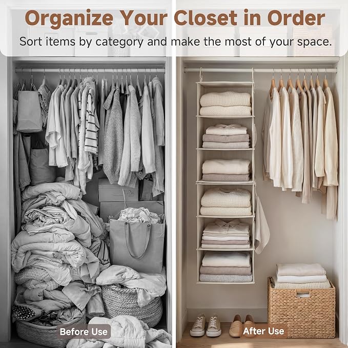 StorageWorks 6-Shelf Closet Organizers, Two 3-Shelf Separable Hanging Shelves for Closet, 12 1⁄2" D x 12 1⁄2" W x 47 ¼" H, Mixing of Beige, White & Ivory - Image 5