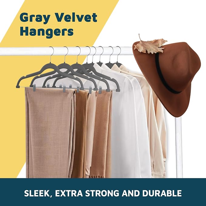 Lifemaster Velvet Skirt Hangers – with Adjustable Clips, 360 Degree Swivel Hook, and Non-Slip Shoulder Notch, Holds Up to 10 lbs, for Organizing Skirt, Pants, Dress, and Clothes, Pack of 50, Gray - Image 7