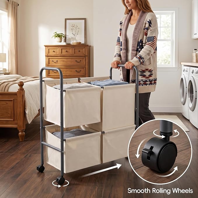 130L Laundry Hamper with Wheels, 3 Section Laundry Sorter Cart with Removable Bags, Rolling Clothes Hamper with Waterproof Lining, Sturdy Freestanding Canvas Laundry Basket for Laundry Room, Beige - Image 5