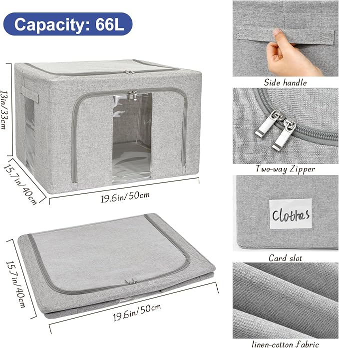 3 Pack Clothes Storage Bins with Metal Frame,Foldable Storage Bin with Lid for Clothes,Stackable Cotton Linen Fabric Organizer Set with Carrying Handles and Clear Window(Grey, 66L) - Image 4