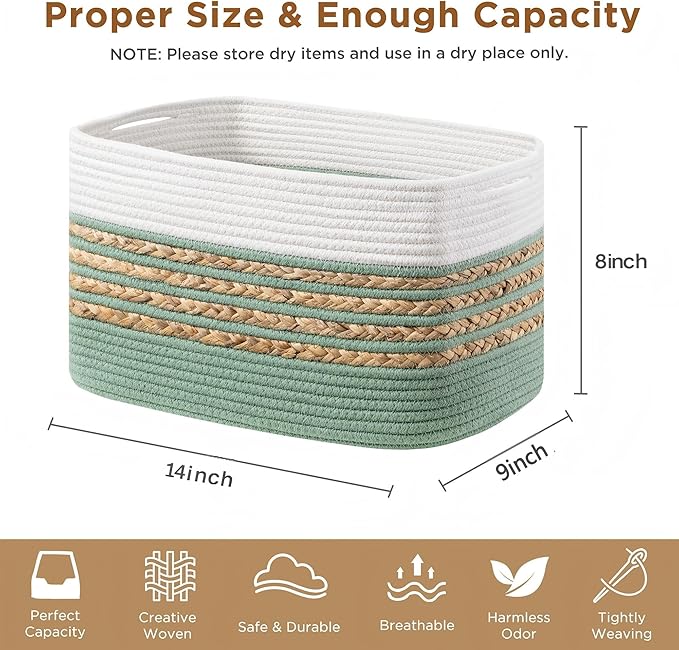 UBBCARE 2 Pack Baskets for Organizing, Woven Storage Baskets for Toys and Towel, Rectangle Cotton Rope Basket with Handles, 14''L x 8''W x9''H, Green - Image 2