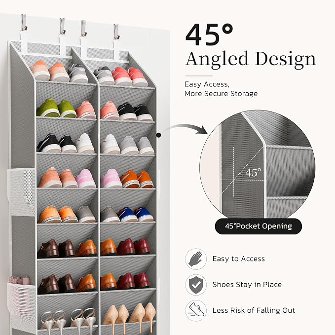 Over the Door Shoe Organizer, 20-30 Pairs Heavy-Duty Hanging Shoe Storage with Large Pockets, 10-Tier Door Shoe Rack with 4 Hooks for Sneakers Sandals Heels Boots (Gray) - Image 5