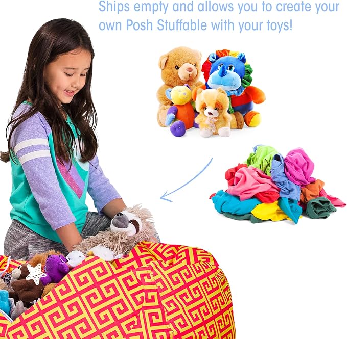 Posh Stuffable Kids Stuffed Animal Storage Bean Bag Chair Cover - Childrens Toy Organizer, Large 38" - Pattern Scrolls Red and Yellow - Image 3