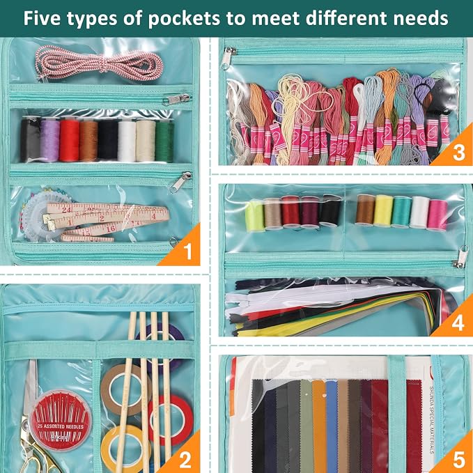 FINPAC Sewing and Craft Supplies Storage Tote Bag with Clear Pockets | Large Art Organizer Caddy Travel Packing Shoulder Bag for Knitting, Sewing Accessories, Emerald Illusions - Image 3