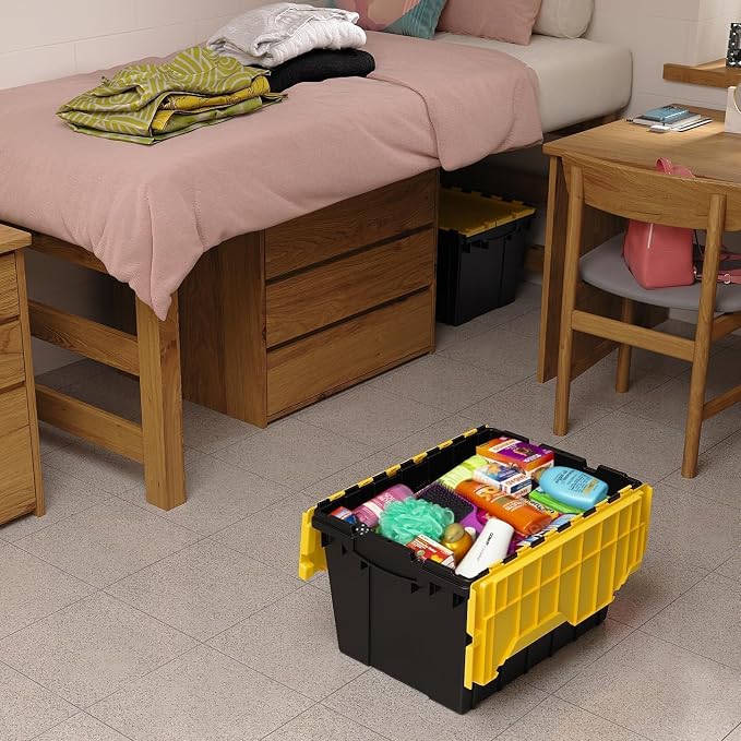 Akro-Mils KeepBox 12 Gallon Storage Container, Nesting and Stackable Plastic Storage Box with Lid Attached, Organizer Tote for Garages, Closets, Moving, 21-1/2" x 15" x 12-1/2", Black/Yellow, 6-Pack - Image 2