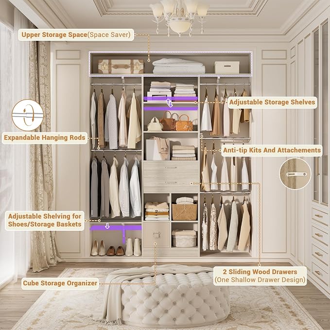 Small Closet System - 5FT Closet Organizer System with Wooden Drawers, 60 Inches Walk In Closet System With 5 Hanging Rods, Can Fit 1.58 to 6.8 FT with Reversible Hanging Shelving, Greige Oak - Image 2