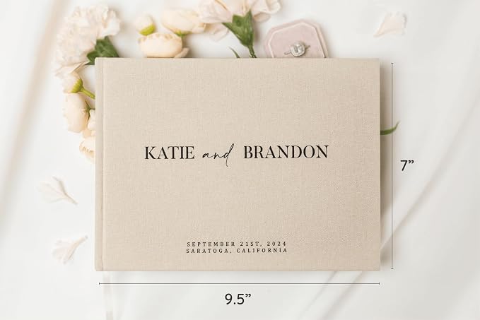 Personalized Linen Guest Book (Design 6) - 9 x 7.5 Hardcover Custom Wedding Guestbook Bride Groom Name Date Location Venue, Reception Ceremony Engagement Party Keepsake Signing Book w/ 120 Blank Pages - Image 2