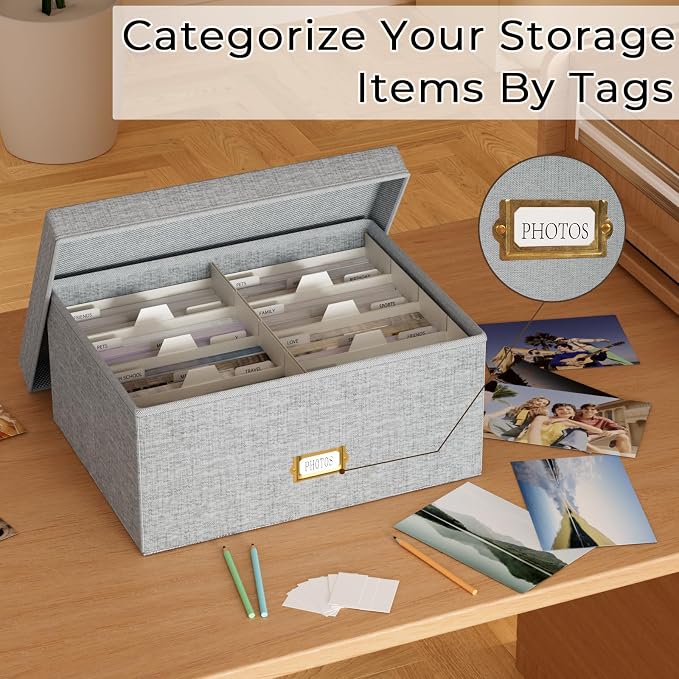 Decorative Photo Storage Box, Linen Photo Box Holds 1700 5x7 Pictures Grey | Photo Storage Containers with 8 Dividers, Memory Keepsake Organizer for Photos, Scrapbook Supplies, Cards, Stamps,Archive Box - Image 7