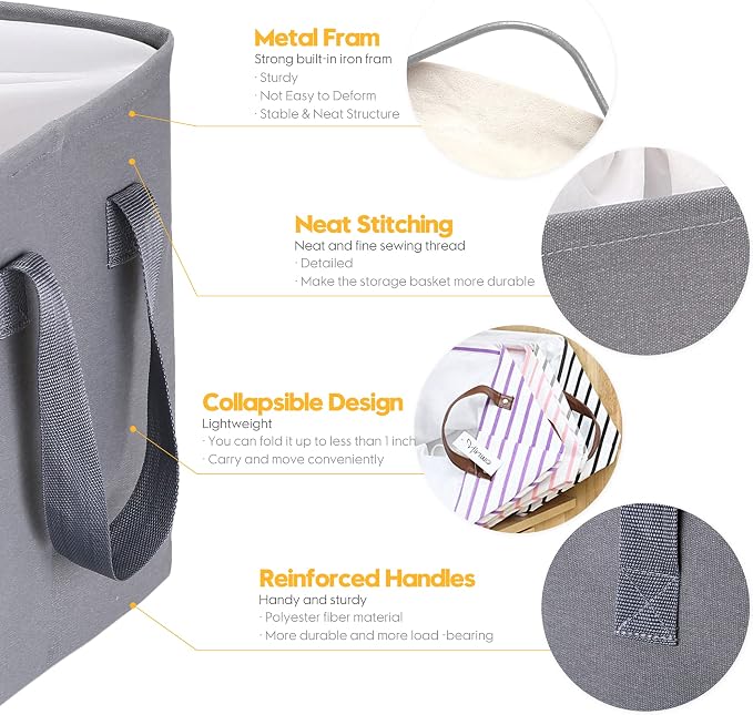 Hinwo 102L XXL Canvas Storage Bin with Lid and Handles, 4-Pack | Collapsible Fabric Baskets, Closet Shelf Organizers, Containers for Clothing, Blankets, Toys, Bedding (Gray) - Image 6