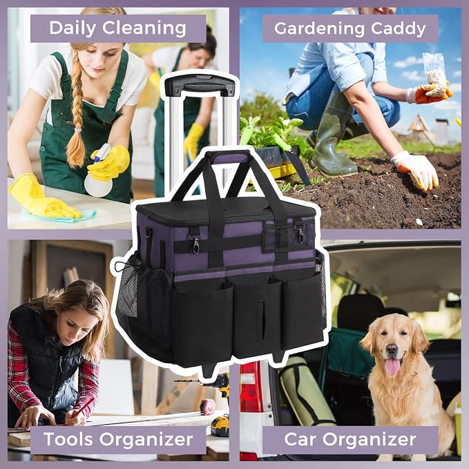 SCAVATA Rolling Cleaning Caddy Bag with Detachable Trolley, Large Cleaning Supplies Organizer with Wheels, Multi Pocket Cleaning Cart with Adjustable Shoulder Strap for Housekeeper & Home, GrapePurple - Image 7