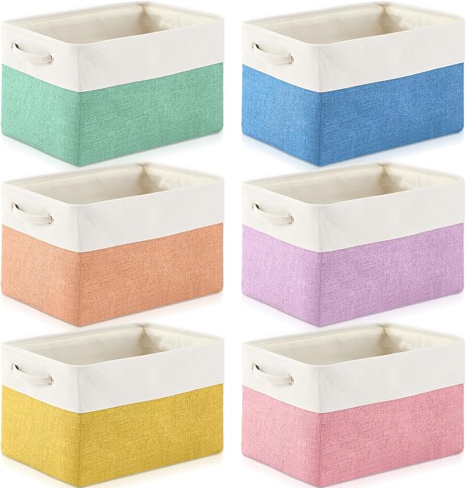 6 Pack Macaron Cube Storage Bins Fabric Handle Cube Baskets, 15x11x9.5 Inch | 6 Macaron Color, Foldable Organizer with Handles, Home Closet Bin for Shelves, Durable Cube Baskets Bulk for Home Storage by Geiserailie