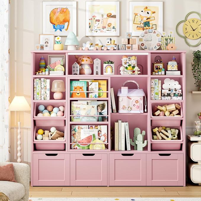 Toy Storage with Sliding Bookshelf, Toy Organizer with 4 Bins | 55.1’’ W Large Toy Storage Organizer Kids Bookshelf with 4 Movable Drawers, Toy Bins Playroom Storage for Kid Room, Pink - Image 7