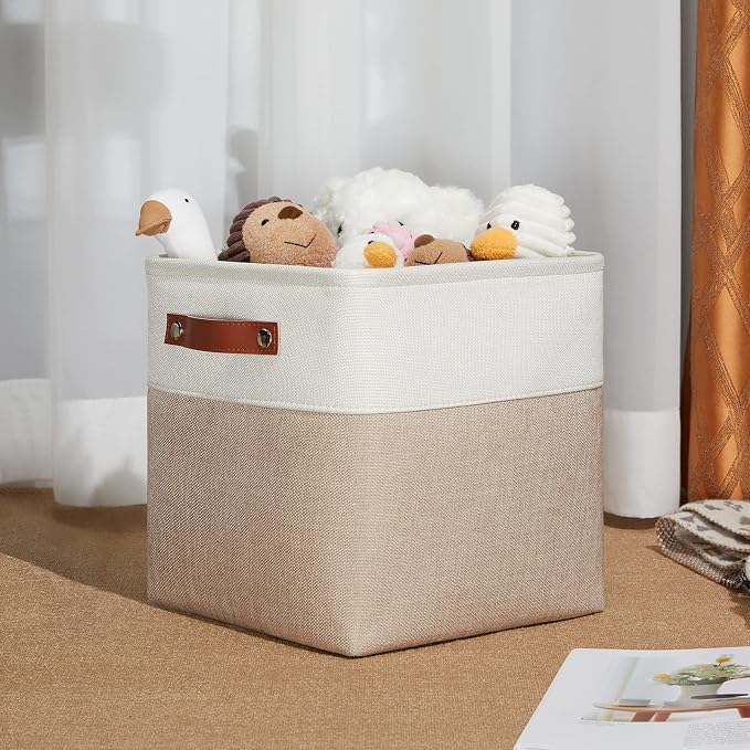DULLEMELO 11 inch Cube Storage Bins, Large Collapsible Grey Storage Baskets for Square Cubes Organizing, Fabric Boxes Bins for Shelves Nursery Home Office Storage(4 Pack - 11" White&Khaki) - Image 5