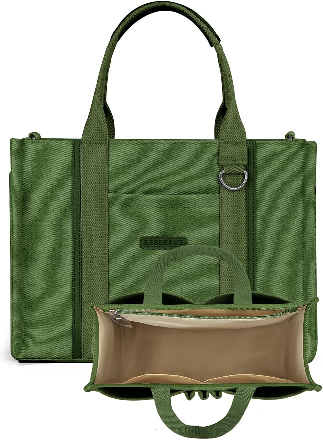 BESBESME Women’s Canvas Tote Bag with Zipper and Compartments – Multi-Pocket Laptop Work Crossbody Shoulder Tote Purse - Image 7