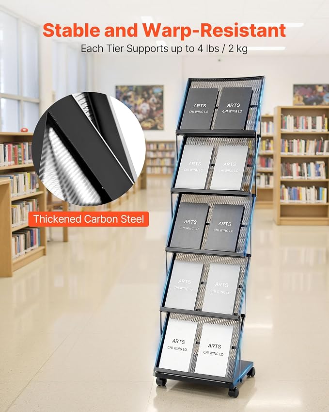 VEVOR Brochure Display Rack, Foldable 5 Pockets Magazine Literature Display Stand, Movable Floor Standing Magazine Rack with Wheels, Metal Newspaper Catalog Holders for Shop Exhibitions Office Show - Image 3