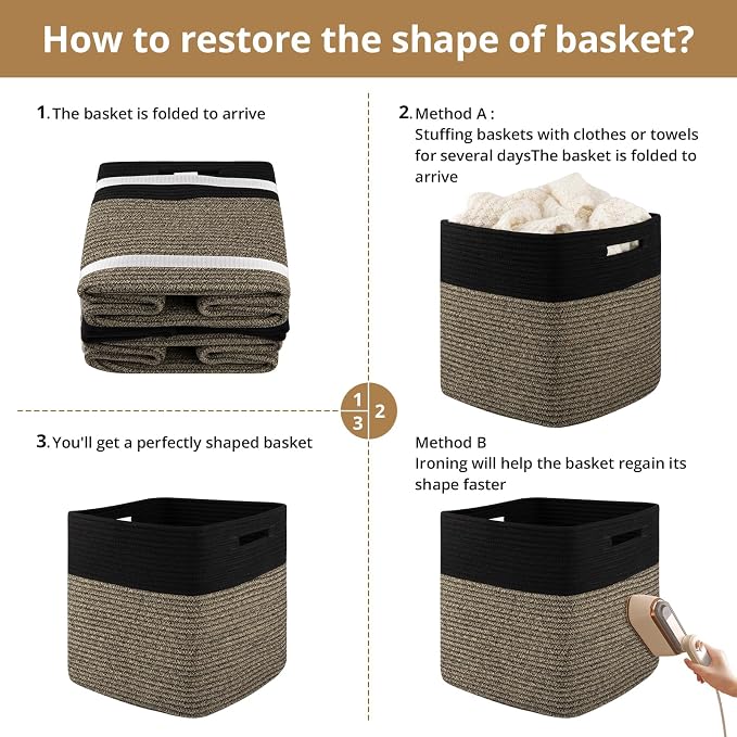 OIAHOMY 13 Inch Cube Storage Bins, 3-Pack Cotton Rope Woven Baskets for Organizing, Insert Storage Baskets for Shelves, Baby Nursery, Closet Organizer, 13 * 13 * 12.6IN, Black & Mixed Brown - Image 7