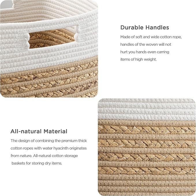 UBBCARE Set of 3 Storage Cubes 11 X 10.5 X 10.5 in, Water Hyacinth Storage Bins for shelves, Toys, Book, Storage Baskets with Handles, Cotton Rope Woven Baskets for Organizing, Brown - Image 3