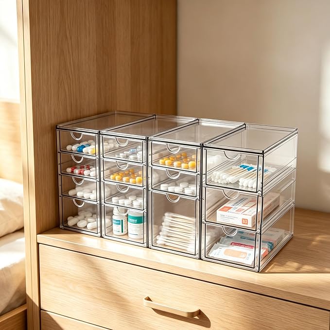 Prsildan Acrylic Desk Organizers with 14 Drawers, Stackable Makeup Storage | Anti-slip Clear Storage Bins, Vanity Organizer for Craft Bead Crayon Nail, Bathroom Kitchen Office Organization, 4 Pack - Image 2
