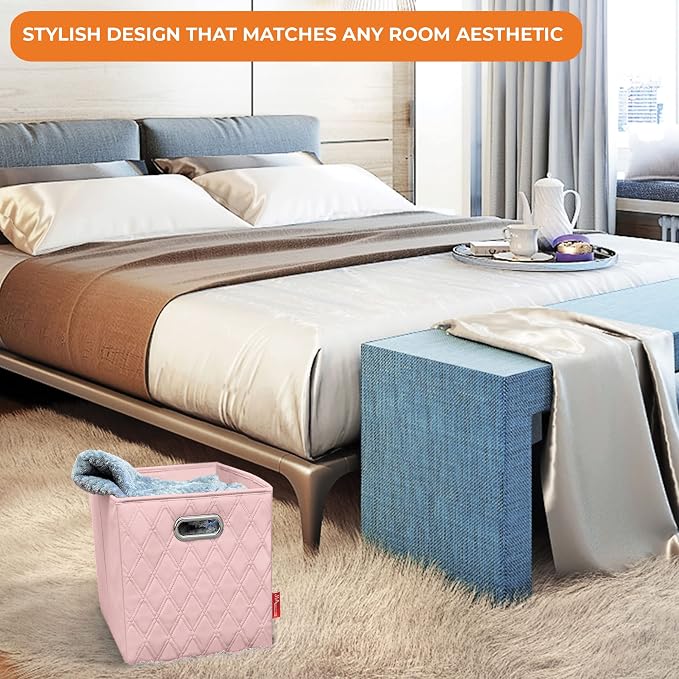 Small 11-inch Foldable Diamond Patterned Faux Leather Storage Cube Bins Set of Four with Handles with Dual Handles for living room, bedroom and office storage… (PINK) - Image 7