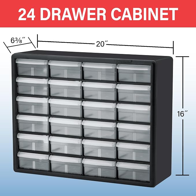 Akro-Mils 24-Drawer Plastic Storage Cabinet, 20"W x 6"D x 16"H, Red | Plastic Cabinet w/ Drawers for Garage Organization, Beads, Building Bricks Storage, Teacher Toolbox, Makeup Organizer, 10124 - Image 3