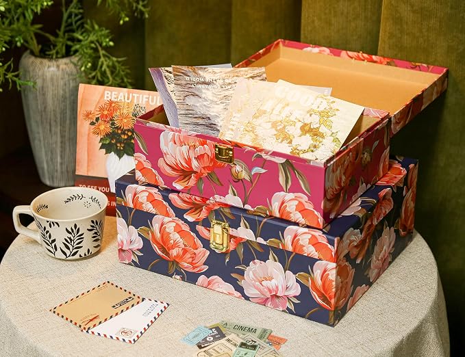 2-Piece Decorative Keepsake Storage Boxes with Lids, Bold Peony Floral Design in Berry Pink & Deep Navy, Cardboard Memory Boxes with Elegant Gold-Tone Accent, Stackable Home Décor Storage - Image 3