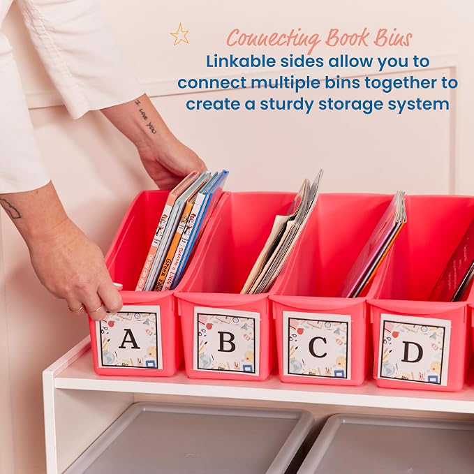 ECR4Kids Linking Plastic Storage Book Bin, Multipurpose Organization, Neon Orange, 10-Piece | Durable plastic with built-in handles, interlocking, nestable, ideal for books, magazines, and files in a classroom or office - Image 3