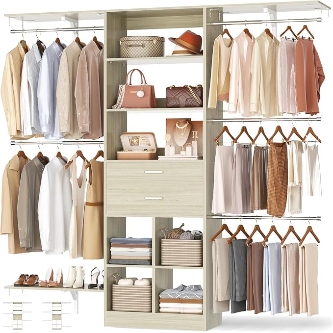 Small Closet System - 5FT Closet Organizer System with Wooden Drawers, 60 Inches Walk In Closet System With 5 Hanging Rods, Can Fit 1.58 to 6.8 FT with Reversible Hanging Shelving, Greige Oak by Besiost