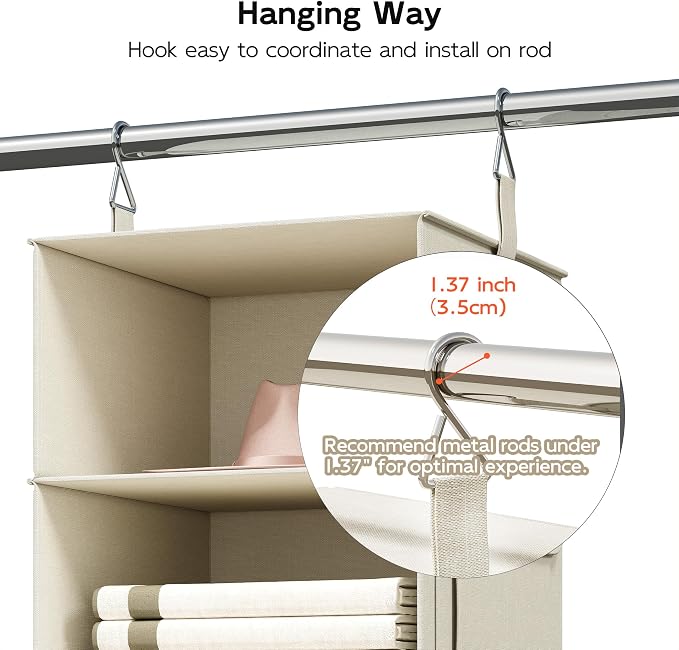 6-Shelf Hanging Closet Organizer with 3 Fabric Drawers, Beige | Removable Fabric Drawers, Side Pockets, Reinforced Structure, Space-Saving Storage for Clothes, Nursery and Dorm Rooms - Image 7