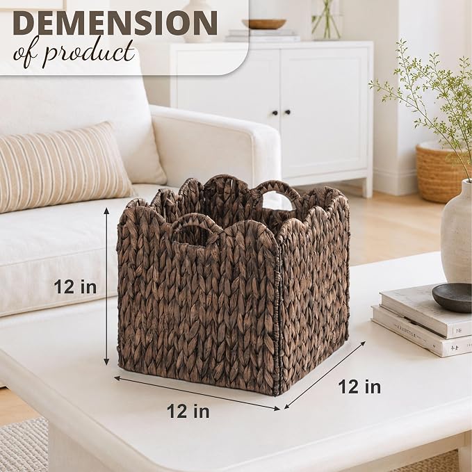 Set of 4 Foldable Scalloped Wicker Storage Cubes Basket, Storage Cube Bins -12"x12"x12", Collapsible Cube Organizers, Water Hyacinth Woven Bins for Bathroom, Bedroom, Shelves,...(Espresso Color) - Image 3