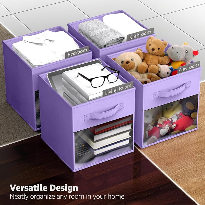 Sorbus 13 Inch Storage Bins with Clear Window - 6 Foldable Baskets for Organizing Clothes, Toys, Books - Sturdy Collapsible Fabric Storage Cubes with Handle - Storage Baskets for Shelves, Closets - Image 5