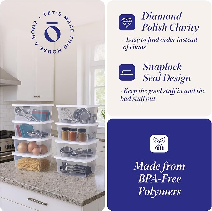 HOMZ Clear Plastic Storage Bins w/Snaplock Lids, 6 Qt, White, 10 Pack | Stackable Container Set for Home, Office Shelves, Kitchen, Garage, and Bathroom Organization - Image 3