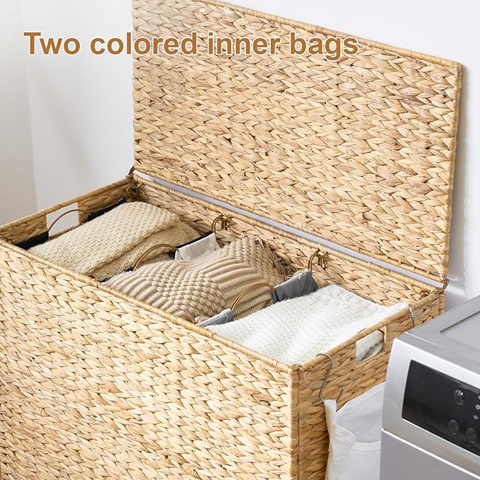 Laundry Hamper with Wheels, 52.8 Gallon(200L) Water Hyacinth Laundry Basket with Lid, 3-Section Wicker Clothes Hamper with 3 Removable Liners, Laundry Sorter with Side Pocket, Natural - Image 2
