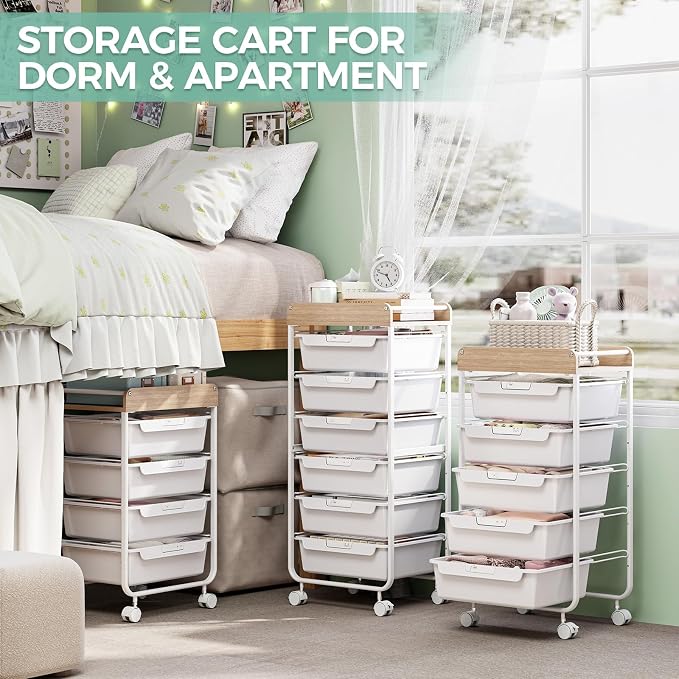 SYKIARIOL Rolling Storage Utility Cart with 4 Drawers,Art Cart,White | Kids Craft Cart,Makeup Organizer and Storage with Wooden Tabletop - Image 8