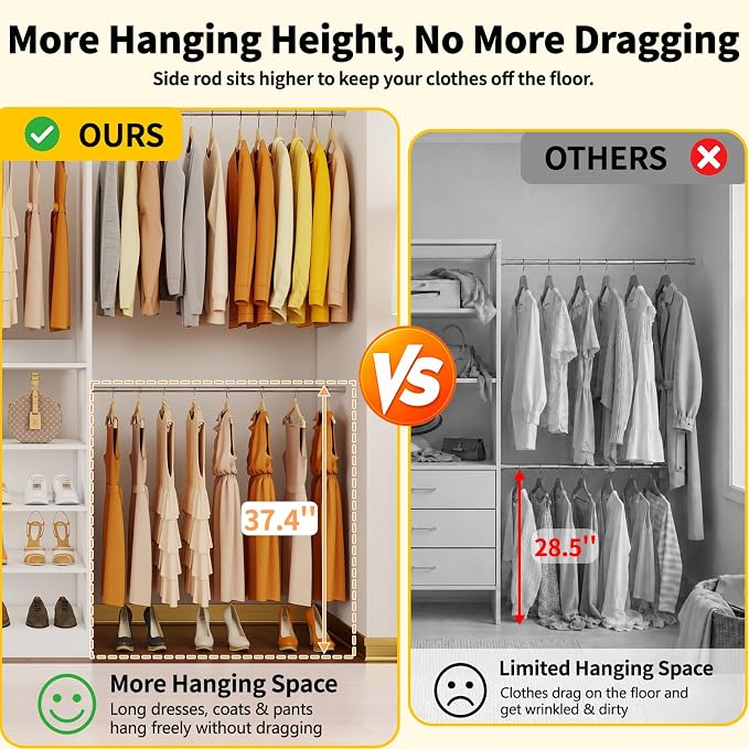 Fastgo Closet System with Drawers, 2FT-9.8FT Hanging Closet Organizer System with 4 Expandable Hanging Rods&Adjustable Shelves, Modular Closet Systems with Light & Mirror, White - Image 4