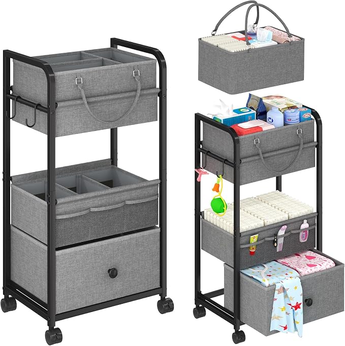Cidaziya 3In1 Baby Diaper Caddy Organizer, 3 Tier Rolling Cart with Drawer, Detachable Dividers, Mobile Utility Cart Baby Dresser Clothes Organizer for Crib, Bedroom, Art & Craft Storage, Grey by Cidaziya