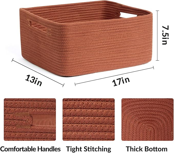 MiniArk Large Storage Baskets for Organizing, 17 x 13 x 7.5” Closet Shelf Baskets for Clothes Blanket Towels, Baby Nursery, Toy Bins Box, Woven Rope Baskets, 4 Packs Oxide Red - Image 2