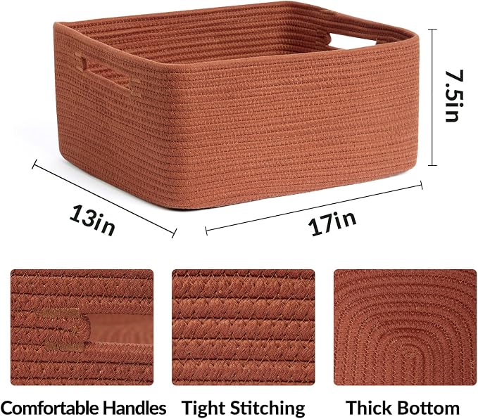 MiniArk Large Storage Baskets for Shelves, 17 x 13 x 7.5” Closet Organizers Bins for Clothes Blanket Towels, Baby Nursery, Toy Baskets Box, Woven Rope Baskets, 2 Packs Oxide Red - Image 2