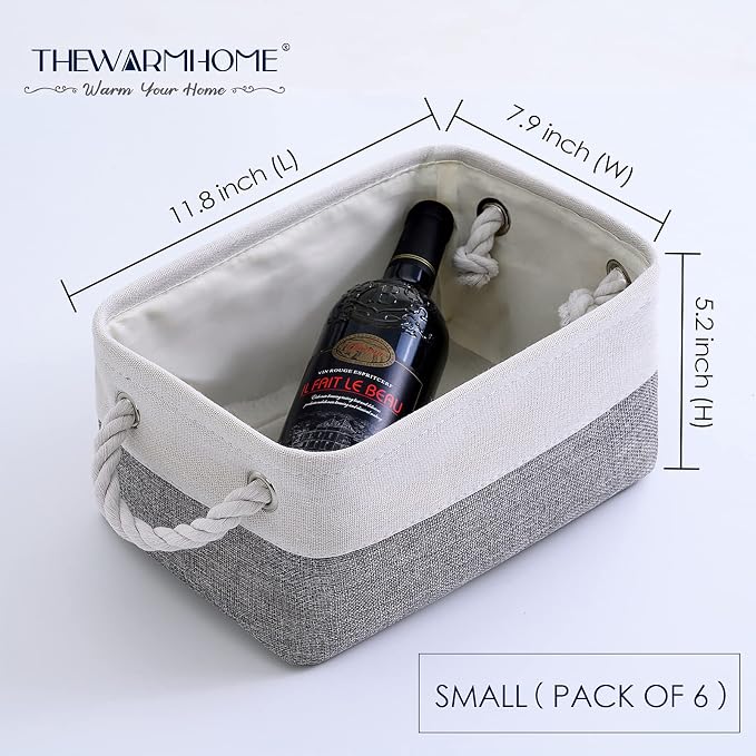 Small Storage Baskets for Organizing,Storage Baskets for Shelves,Small Fabric Storage Bins W/Handles For Closet Nursery Toy Decorative Foldable (White&Grey, 11.8L*7.9W*5.2H-6 Pack) - Image 3