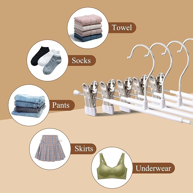 Pants Hangers with Clips Skirt Hangers, 12 Inch 50 Pack, White | Non-Slip,Adjustable metal clips,Space-Saving,Heavy duty, for pants/skirt/dress/trousers/jeans/shorts/leggings,Women,men - Image 5