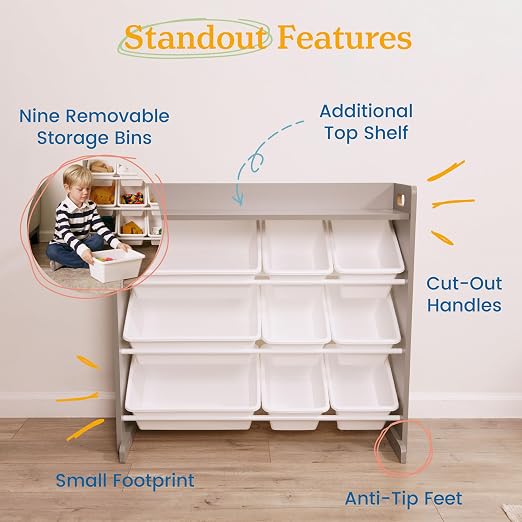 ECR4Kids 3-Tier Organizer with Shelf and 9 Removable Plastic Bins, 3x3, Toy Storage, Grey/White | Durable plastic bins, MDF panels, steel frame, GREENGUARD Gold Certified, 36 lb capacity, anti-tip kit, playroom/classroom - Image 6