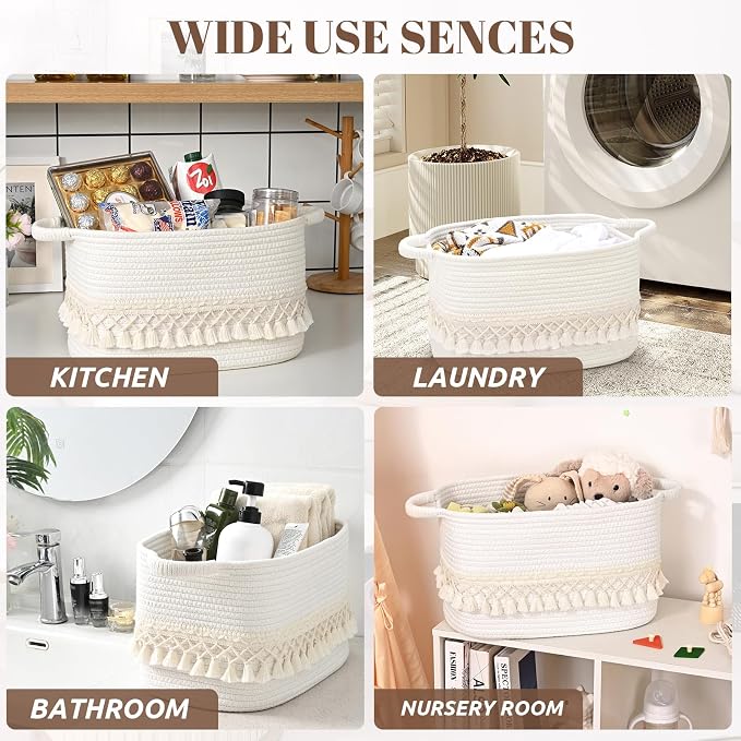 2 Pack Storage Basket for Shelves, Boho Cotton Rope Storage Bins with Heavy Tassel, Shelf Baskets Large Woven Baskets for Organizing, Cube Organizer Bins, Baby Laundry Basket for Clothes, Toys, Pets - Image 6