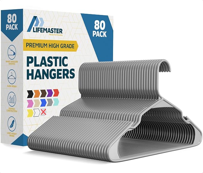 Lifemaster Plastic Clothes Hangers – Heavy Duty Hanger Set, for Organizing Clothes, Dresses, and Coat, Holds Up to 5 lbs, Space-Saving Hangers with Non-Slip Shoulder Grooves, Pack of 80, Gray by LIFEMASTER