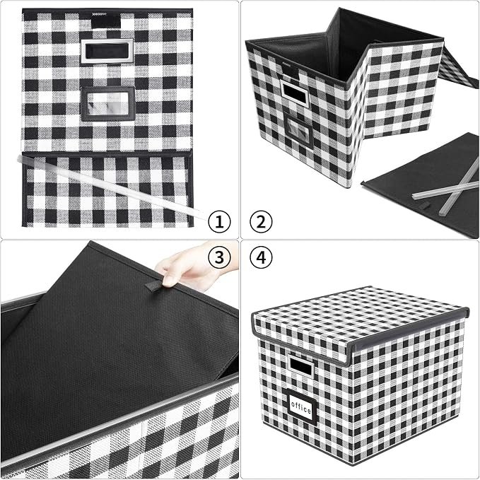 File Organizer Box with Lids, Collapsible File Folder Organizer | File Box with Plastic Slides for Document, Filing Bin for Letter Size Hanging File Folders (4 Pack, Black & White Lattice) - Image 4