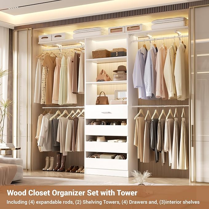 Aheaplus Closet System with Drawers, Wood Closet Organizer System with 4 Hanging Rods & Top Shelves, Walk-in Closets Organizer Wardrobe Clothes Rack System, Cut Fits Spaces 4-9FT. Wide, White - Image 4
