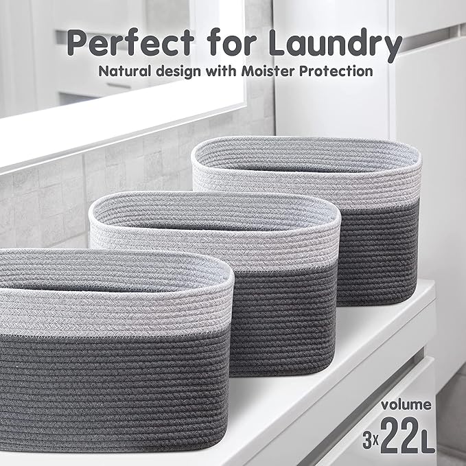 CHAT BLANC Cotton Rope Baskets for Organizing I Storage Baskets for Shelves | Rope Basket for Storage, Small Laundry Baskets, Woven Baskets for Storage, Dog Toy Bin, Baby Basket, Gray & Graphite 3Pack - Image 7