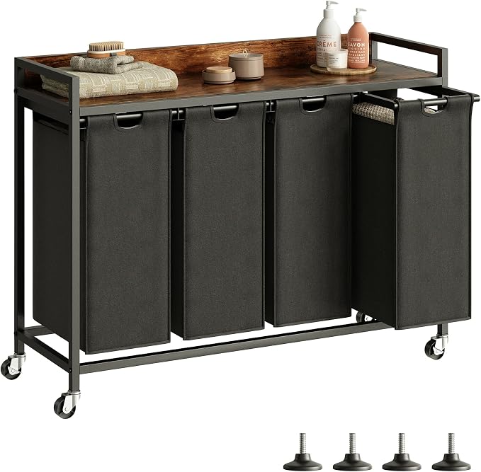 Herture Laundry Hamper with Shelf, Laundry Basket 4 Section, Laundry Sorter with Pull-Out Removable Large Bags and Movable Wheels, Metal Frame, 4 x 15.87 Gallons (60L), Rustic Brown + Black PF07XLY by Herture