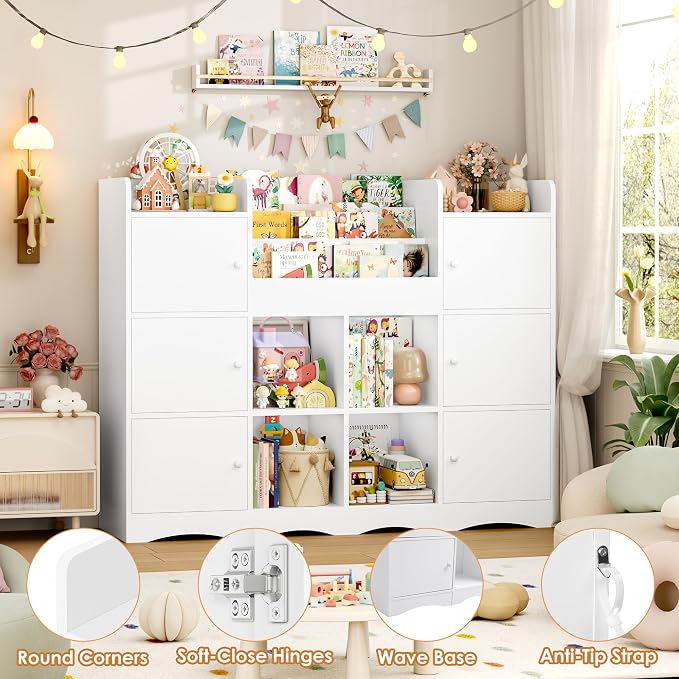 Toy Organizers and Storage with 10 Cubbies and 4 Tier Bookshelf | 55" Large Kids Bookshelf Toy Organizers and Storage with Raised-Edge Top Shelf, Playroom Storage and Toy Chest, White - Image 7