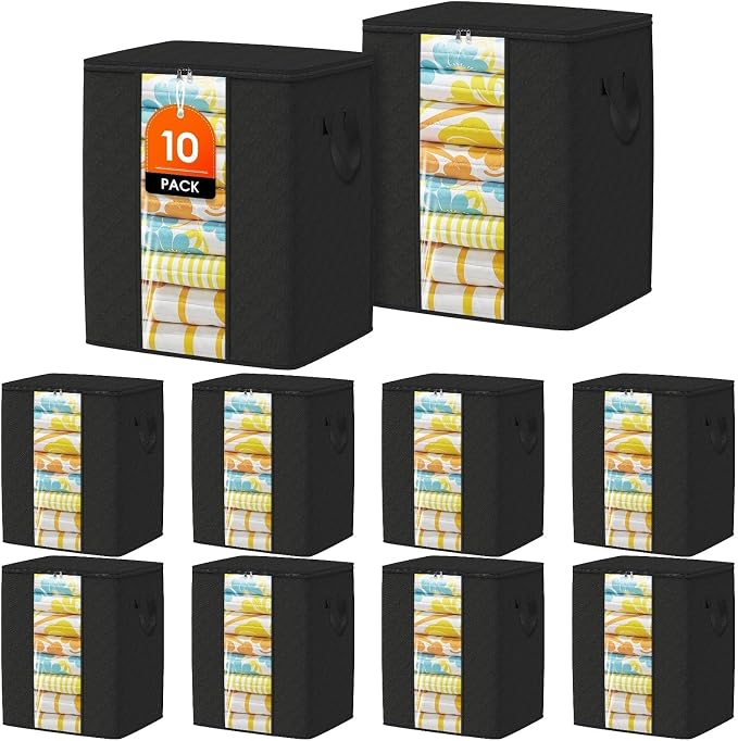 SpaceTrove Clothes Storage Bags, 10-Pack Comforter Blanket Organizers, 80L Large Capacity Containers with Visual Window for Clothing, Quilt, Sheet, Pillow, Closet Organization for Bedding (Black) by Unknown