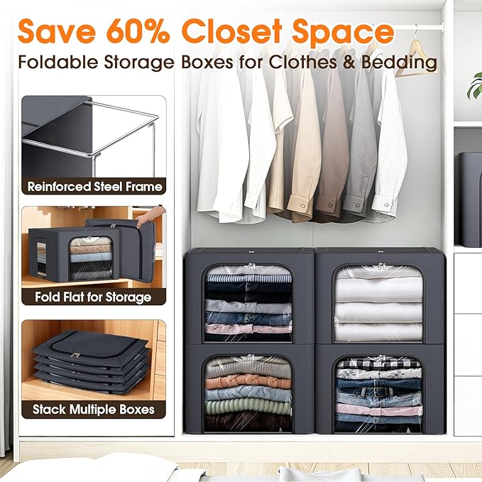 Metal Frame Clothes Storage Bins, Light Grey, 40L, 4 Pack | Foldable Storage Boxes with Clear Window, Front & Top Zipper Openings, Stackable Organizer with Handles for Closet & Bedroom - Image 7
